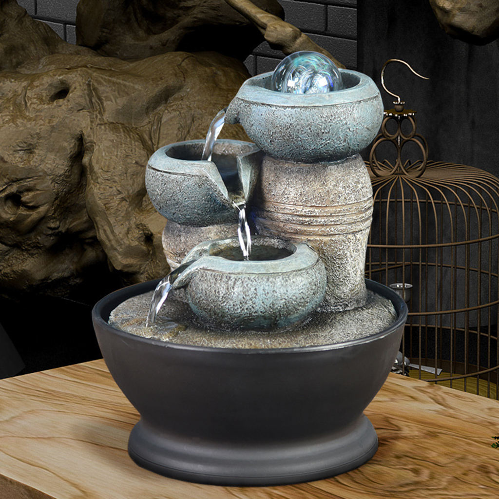 Desktop Fountain Running Water Home Tabletop Decoration Resin Landscape Ornament Decor With Light LED Rolling Ball