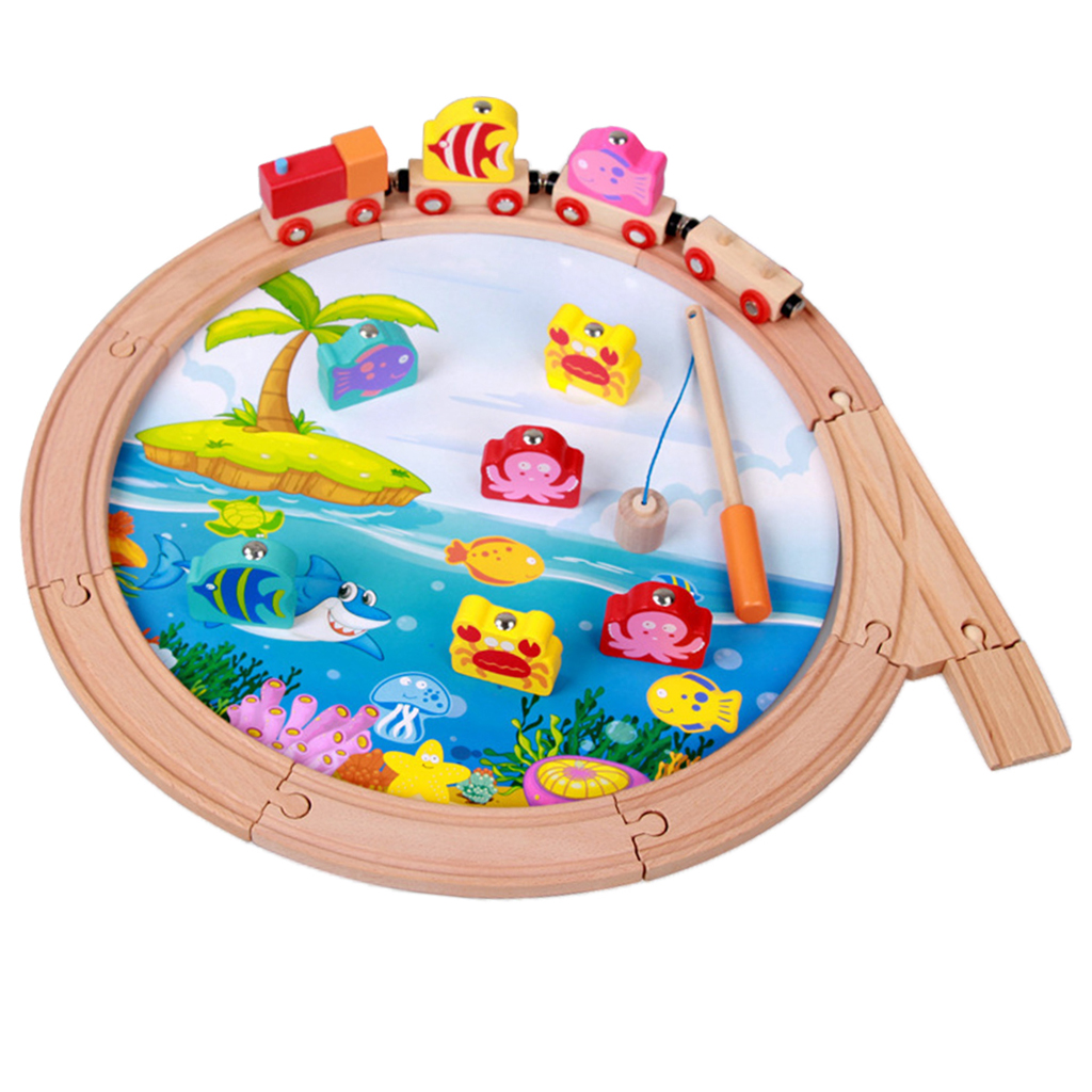 Wooden Train Fishing Game Playset with 8 Fishes And 1 Pole, Educational Toy