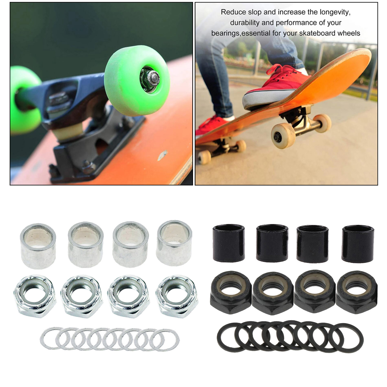 16 Pieces Skateboard Truck Hardware Kit Includes Spacers, Axle Nuts and Speed Rings for Skateboard and Longboard