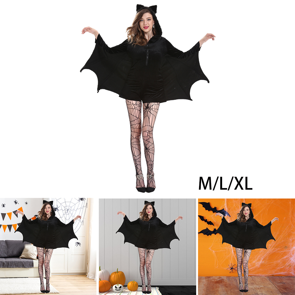Women Girls Halloween Bat Costume Animal Cosplay Anime Hoodie With Ears Wing Costume Fancy Dress