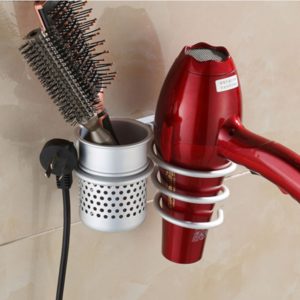 Hair Dryer Blow Stand Holder Wall Mounted Shelf Rack Bracket Hair Drier Organizer with Comb Flat Iron Straightener Storage Cup