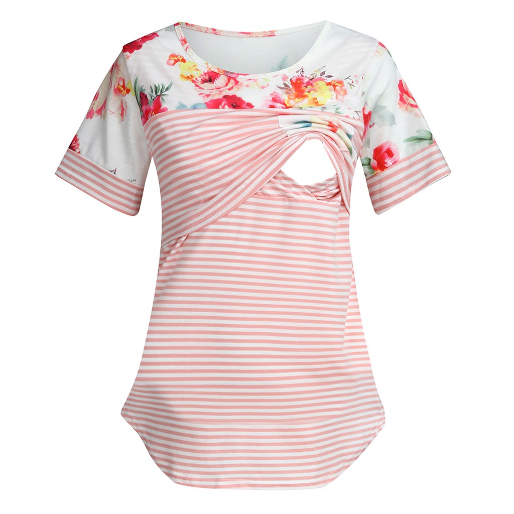 Camisa da Maternidade para Mulheres Roupas de Verão Camisas de Amamentação Roupas de Gravidez Outono Manga Curta Listra Enfermagem Superior Mais Tamanho 25 Camisa da maternidade das mulheres roupas de