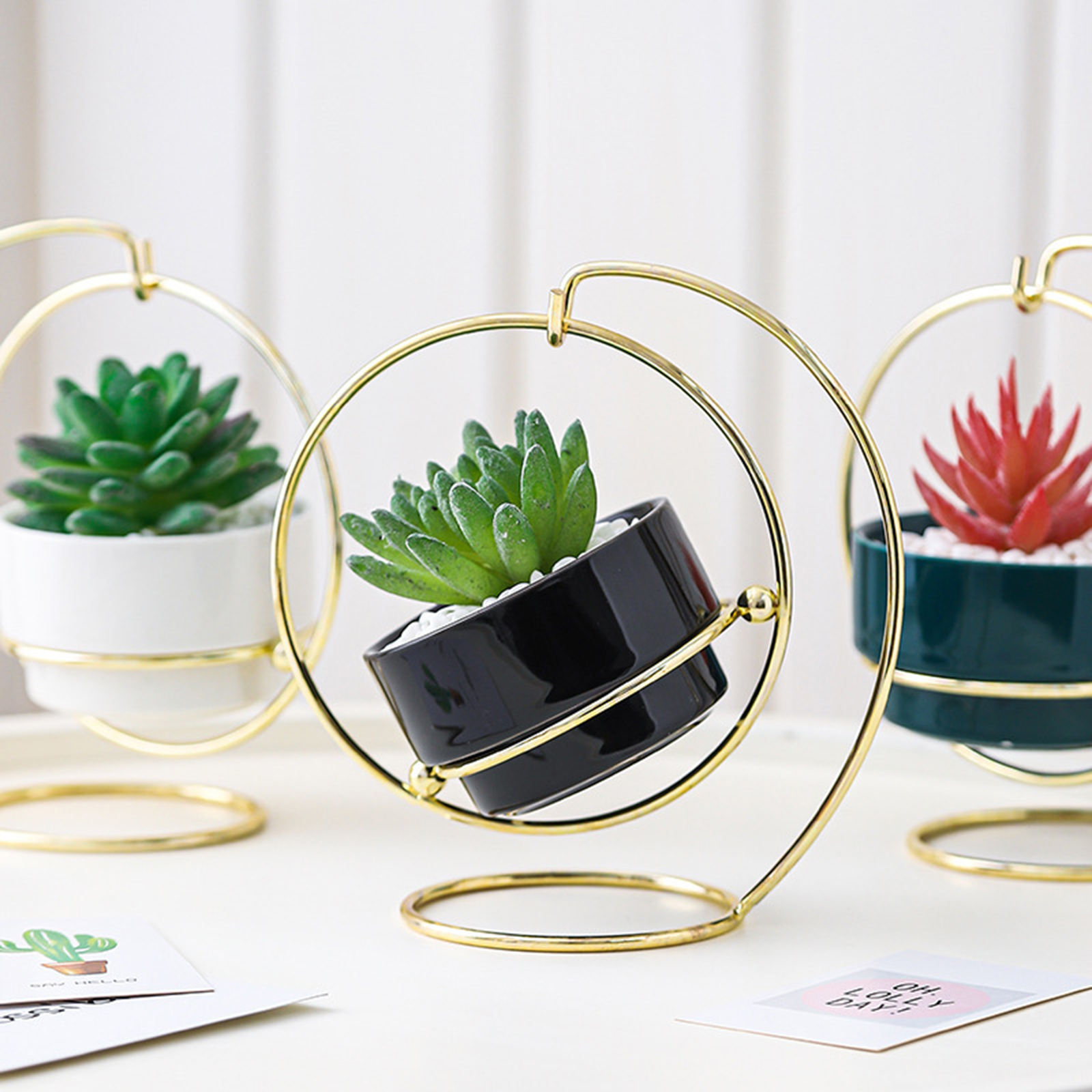 Ceramic Succulent Planter Pots with Iron Stand Holder, Planting Small Flower Planter Pots for Home Office Decor