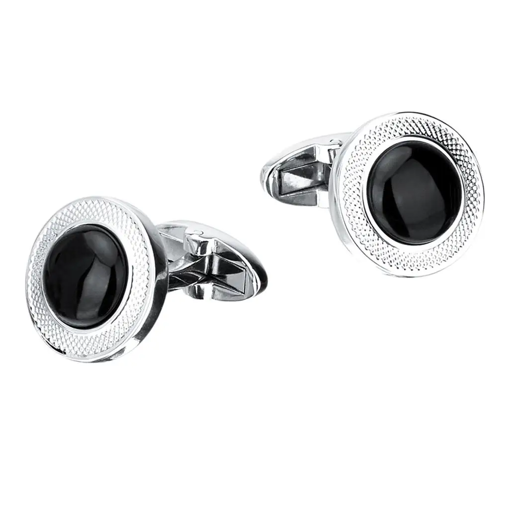 1 Pair Fashion Men`s French Cuff Links Black Agate Round Copper Cufflinks