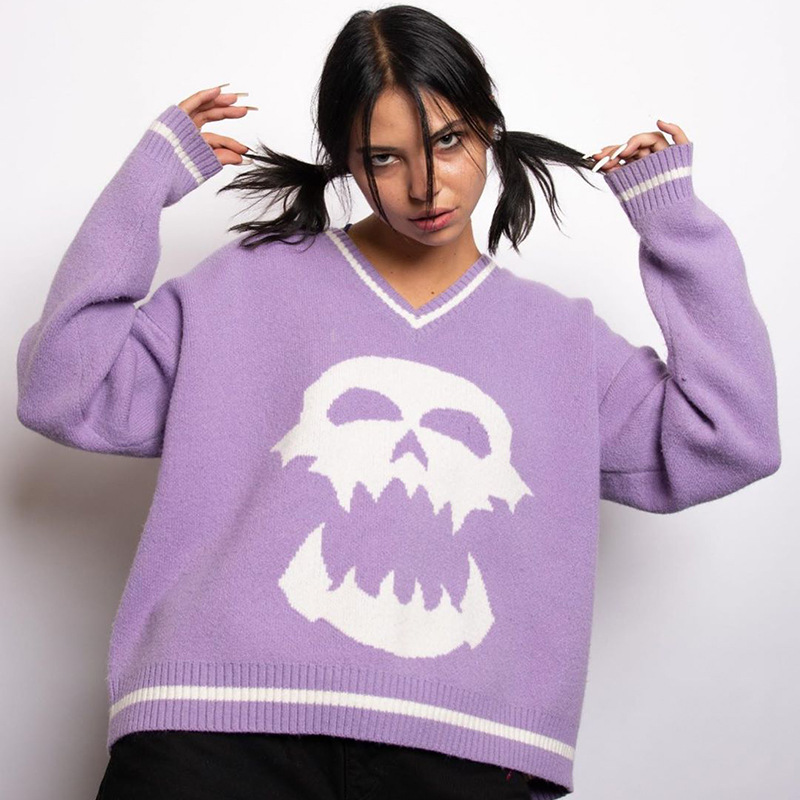 Harajuku Crânios Impressão Pescoço Oversized Camisola Feminina Outono Casual Malha Jumper Senhoras Solto Roxo Y2k Pulôver Feminino v 6 High Quality Moda Feminina
