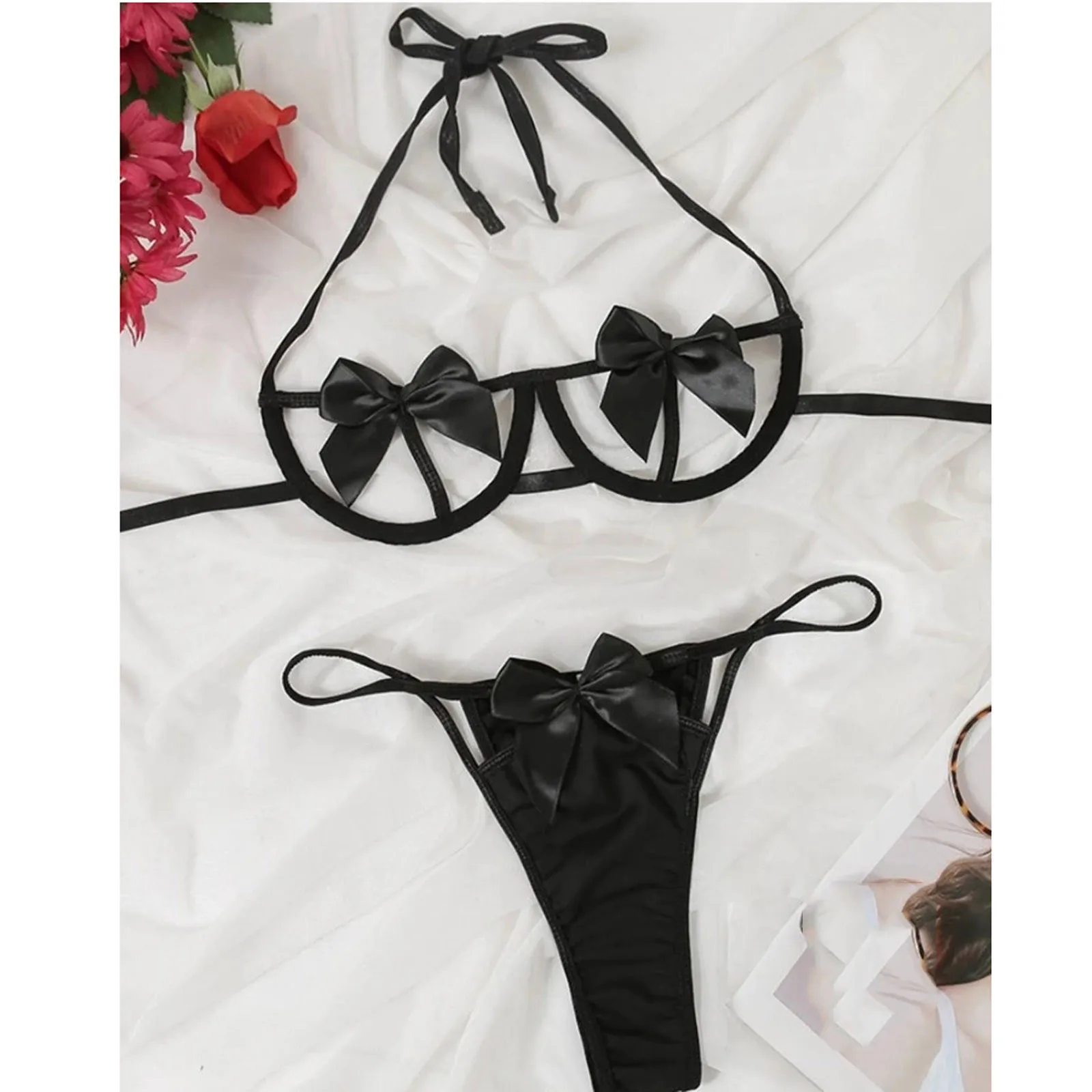 sexy bra set Sexy Lingerie Women's Bow Cut Out Bras Thong Underwear Sets Solid G String Sensual Lingerie Women Seamless Sexy Underwear Sets bra sets