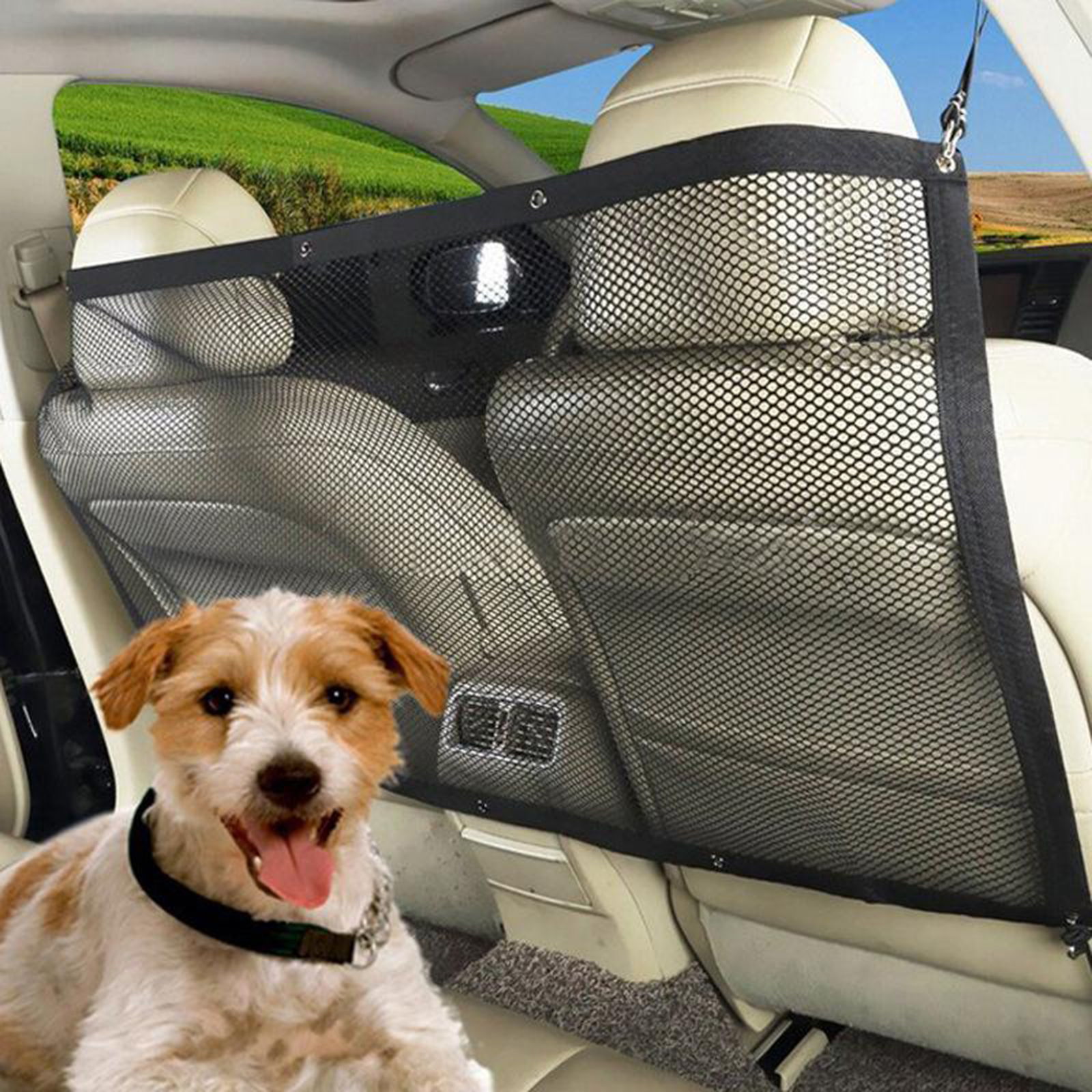 Dog Car Net Barrier Metal Hooks & Stretchable Mesh Obstacle, Back Seat Net Organizer, Design for Pet Disturb Stopper