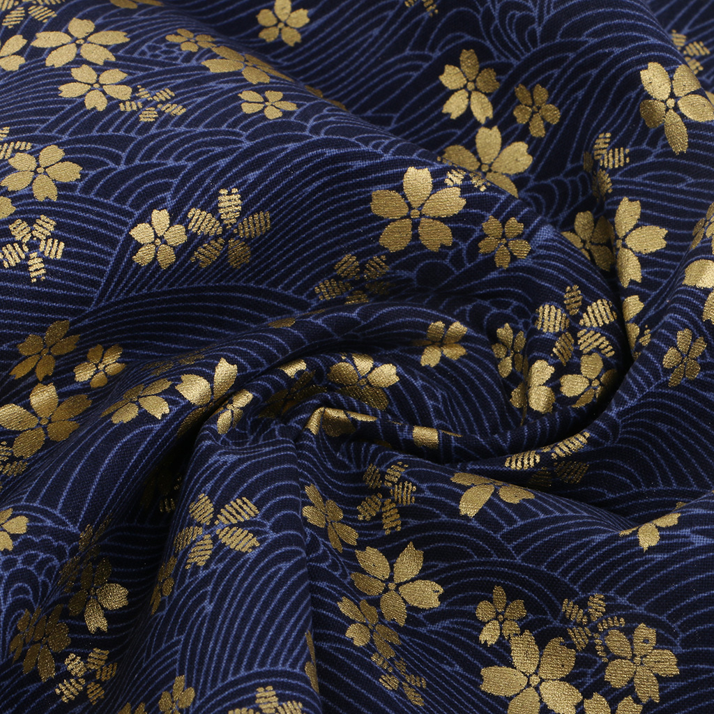 Blue Japanese Upholstery Bronzing Cotton Kimono flower Fabric 59 inch Width