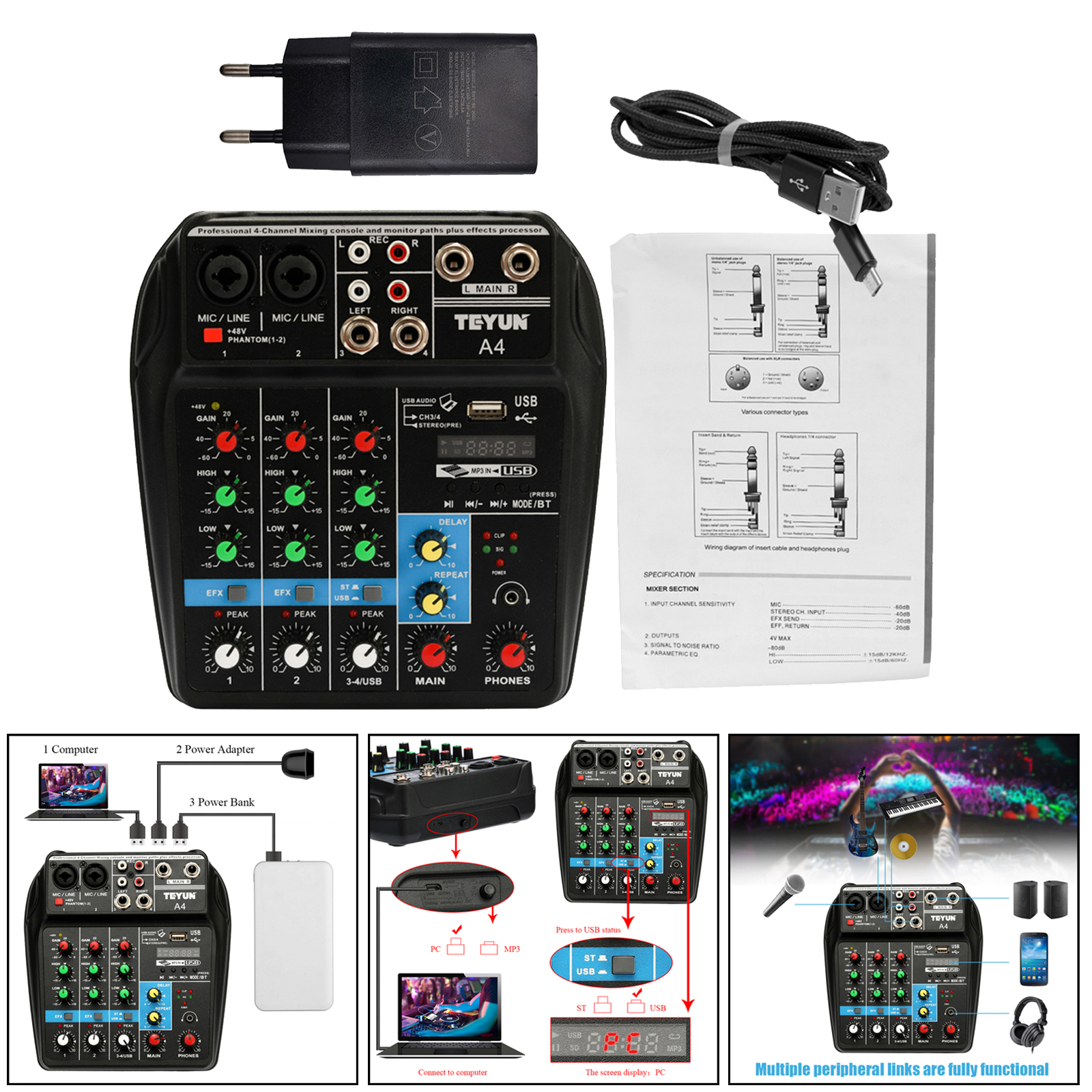 1pc Portable 4 Channel Digital DJ Sound Mixing Console System MP3 Jack 48V Amplifier AUX Paths for Studio Streaming