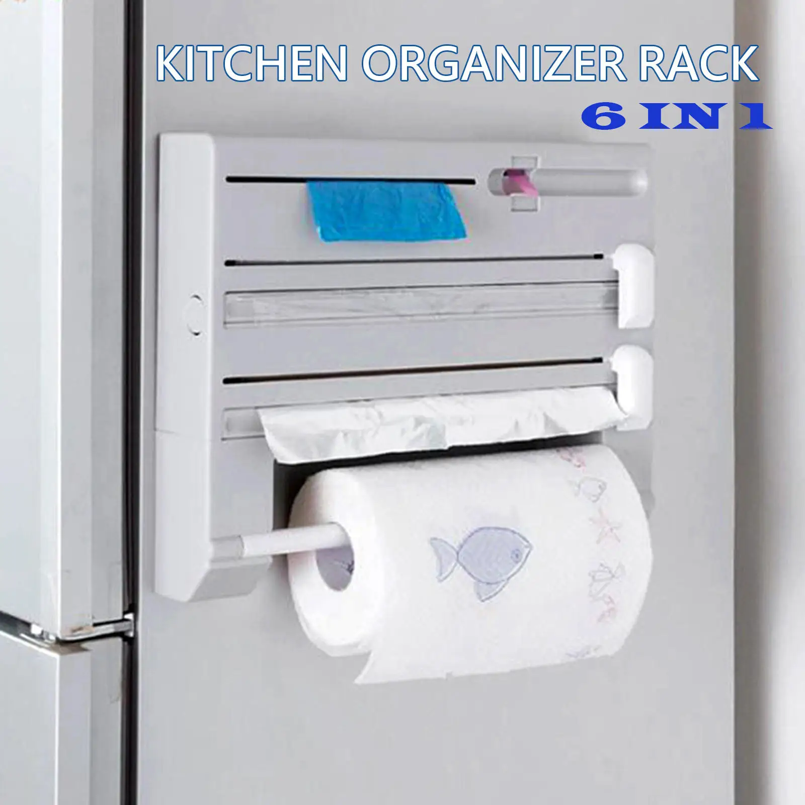 6 in 1 Multifunction Kitchen Organizer Cling Film Sauce Bottle Storage Rack Tin Foil Paper Towel Holder Kitchen Shelf