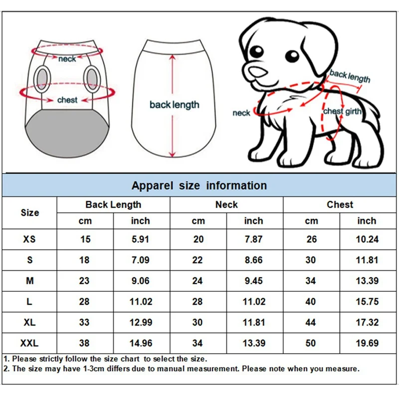 Una tabla de tallas para ropa para mascotas, específicamente para perros. Incluye medidas de largo de espalda, cuello y contorno de pecho tanto en centímetros como en pulgadas.