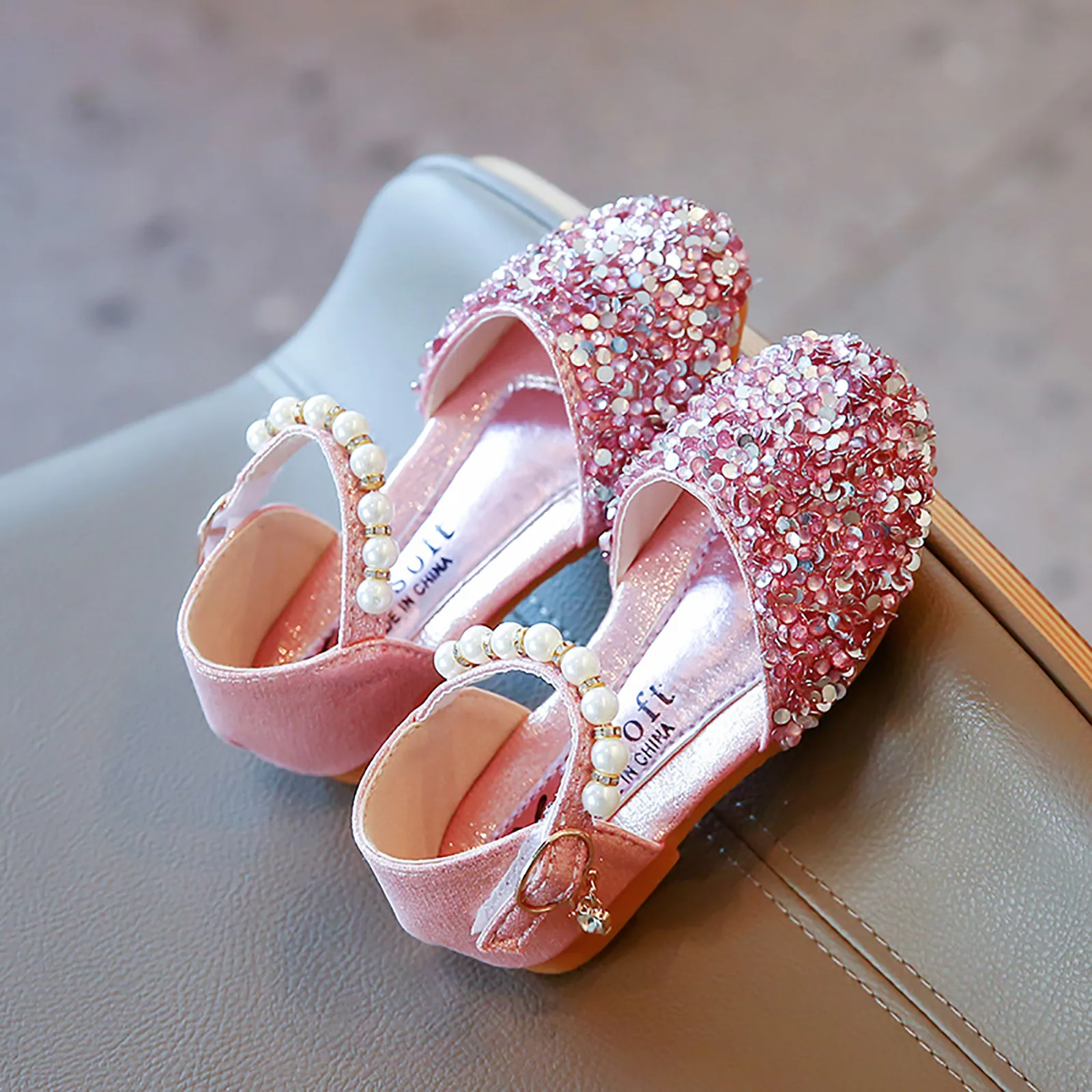 Infant Kids Baby Girls Pearl Bowknot Bling Bling Single Princess Casual Shoes 