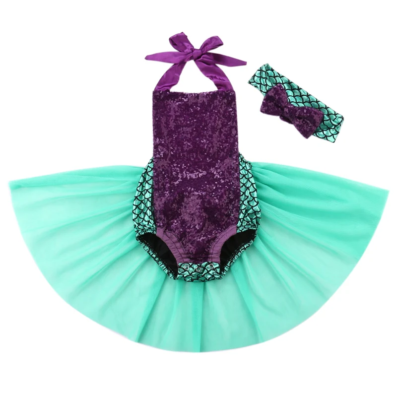 Baby Girls Summer Clothes Set Sleeveless Lace-up Mermaid Romper with Tulle Tutu Skirt + Headband 2Pcs Casual Beach Outfits Baby Clothing Set near me