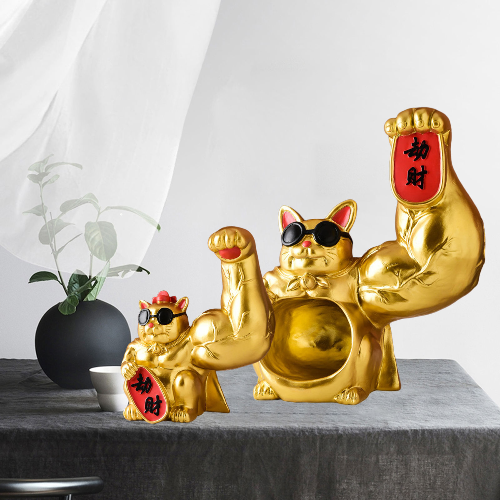Resin Muscle Arm Lucky Cat Statue Figurine Feng Shui Animal Craft Office Room Shop Home Door Interior Decoration Accessories