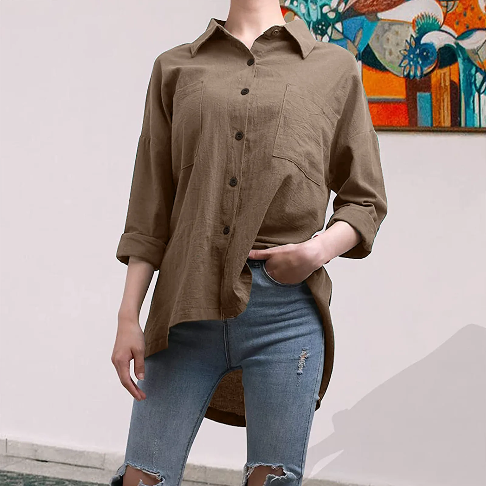 VJGOAL Moda Informal de algodón de Lino de Manga Larga para Mujer Camisa de Manga Larga con Solapa Camisa Blusa con Botones 