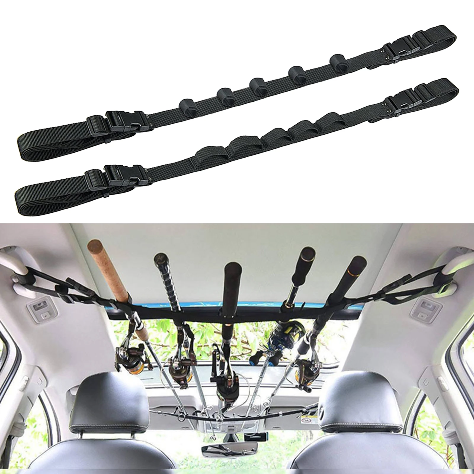 2pcs Vehicle Fishing Rod Holder, Durable Fishing Pole Carry Rack Strap Belt Carrier with Adjustable Paste Straps Scroll