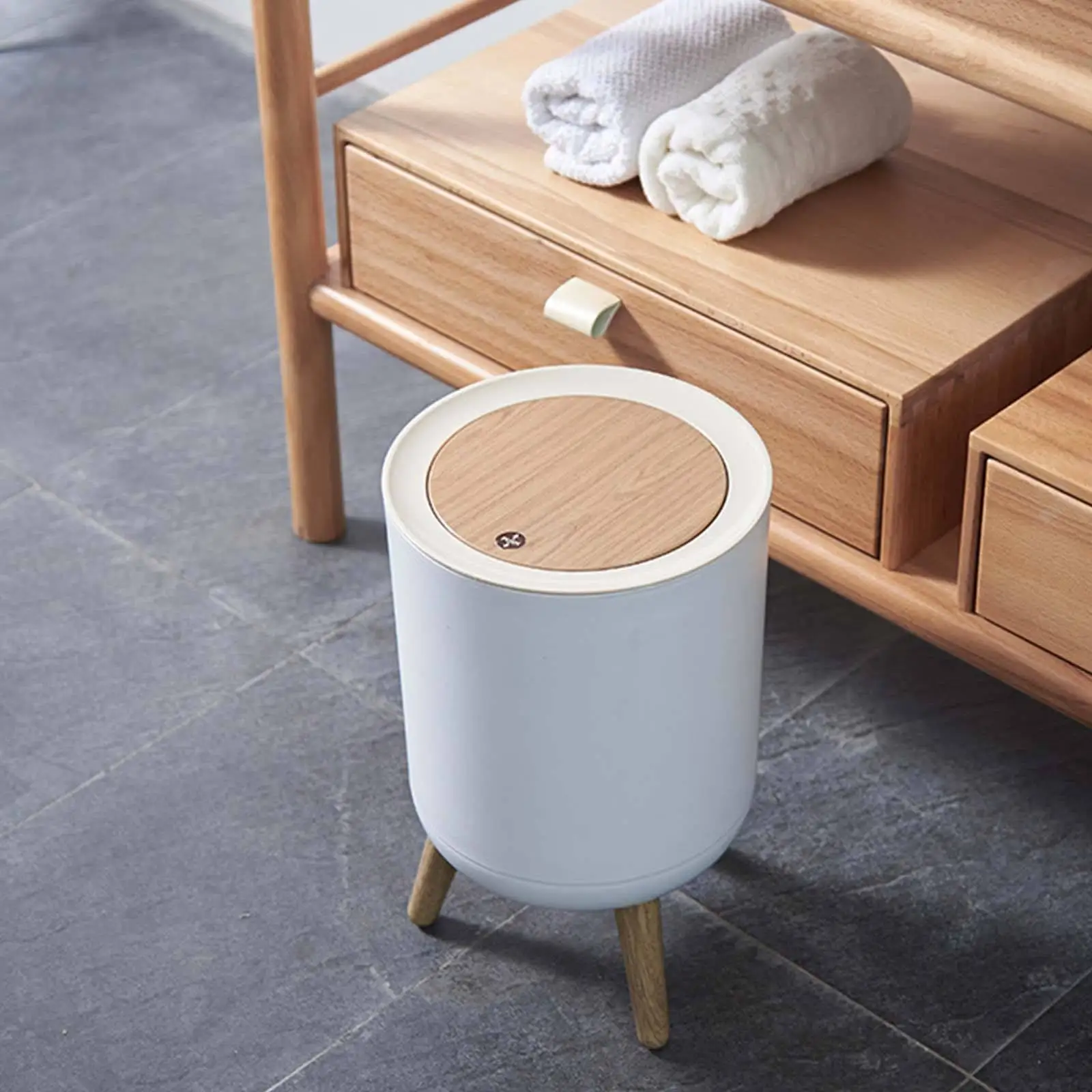 Modern Dustbin Round Desktop Press Lid Imitation Wood Grain High Foot Bathroom Bedroom Kitchen Office Garbage Basket Waste Bin