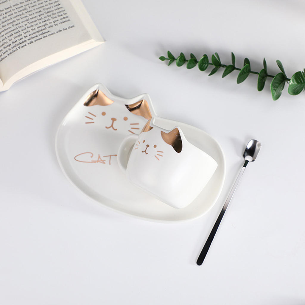 Cartoon Cat Theme Cup & Saucer Set Ceramic Tea Coffee Cup for Breakfast Home Kitchen