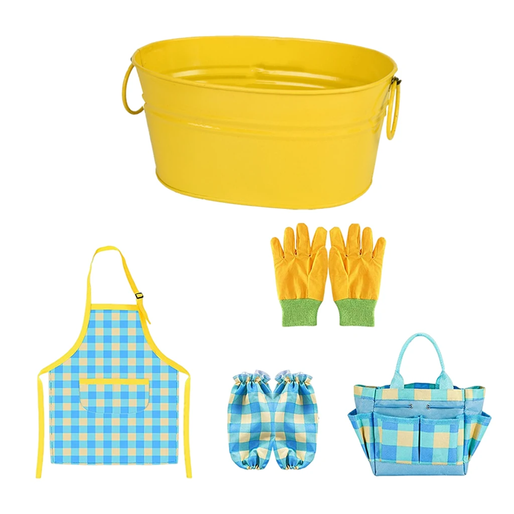 5Pieces Kid Gardening Set Planting Flowers Outdoor Play Childrens Toddler Smock Tote Gloves Garden Tools All in One Toys