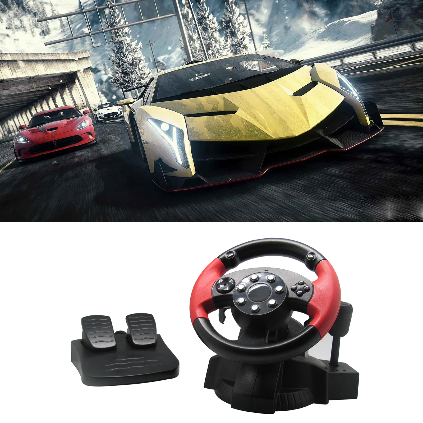 Gaming Car Racing Simulator Vibration Driving PC Steering Wheel & Pedals Set