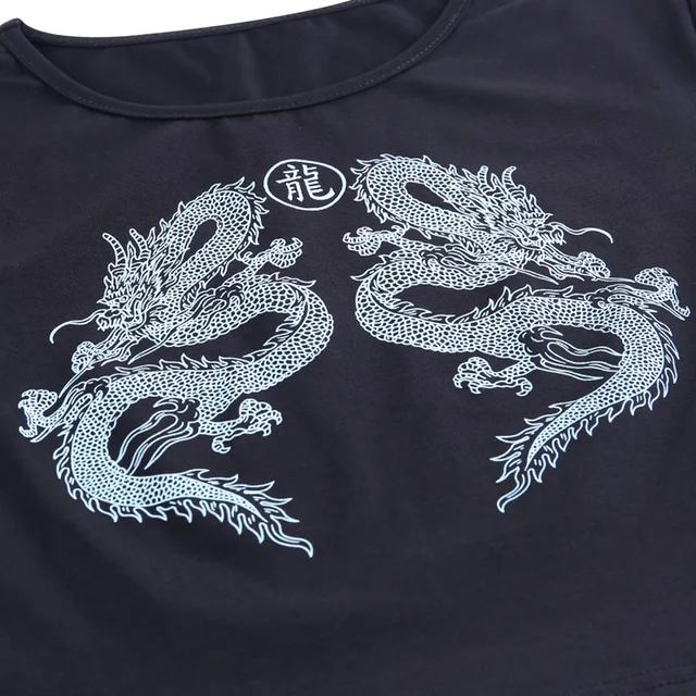 18,10 US$-Camisetas negras Harajuku para mujer, camisetas cortas con patrón  de dragón, ropa de calle-Description