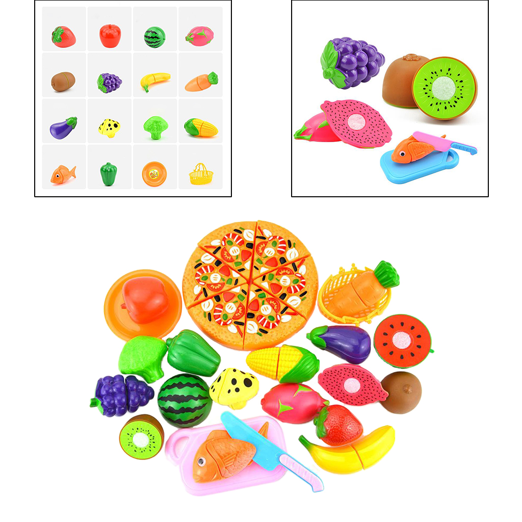 24 Piece Kids Pretend Role Play Kitchen Fruit Vegetable Food Toy Cutting Set Pizza, Strawberry, Mushroom, etc