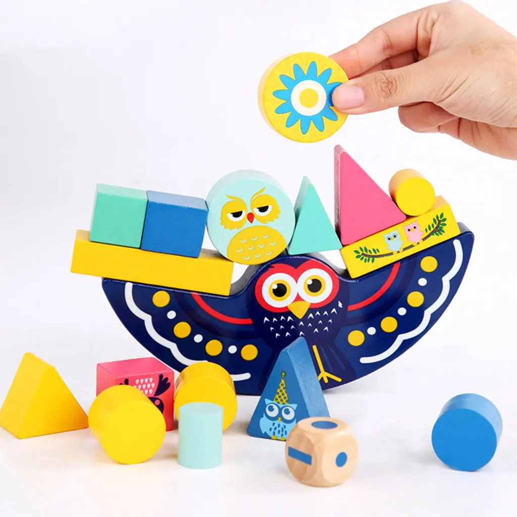 Baby Montisorri Wooden Owl Balance Building Block Game Geometric Stacker Matching Game Educational Toys