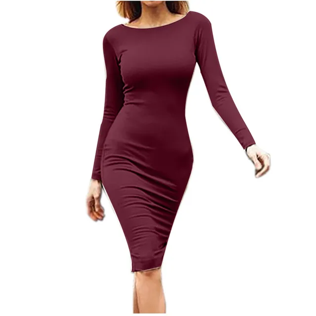 Spring new large size Bodycon dress Solid Color Round neck long