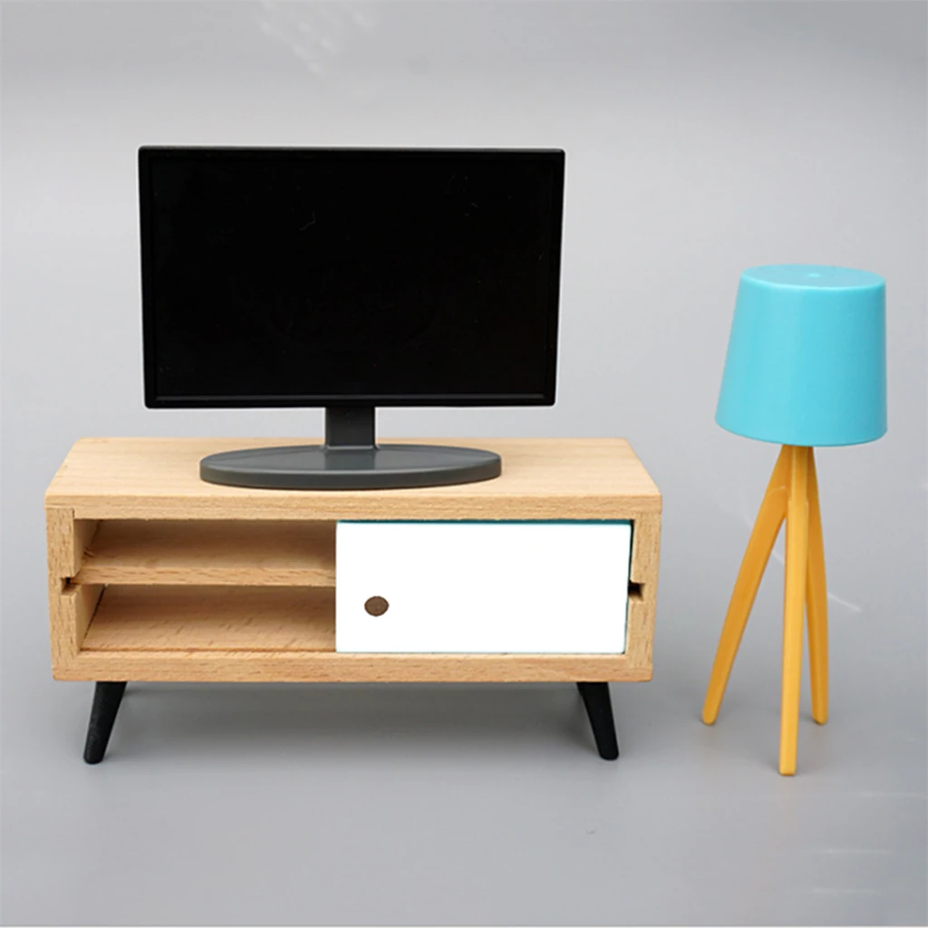 Modern Wooden Doll House Hi-Fi TV Cabinet Set 1/6 1/12 Playset Living Room