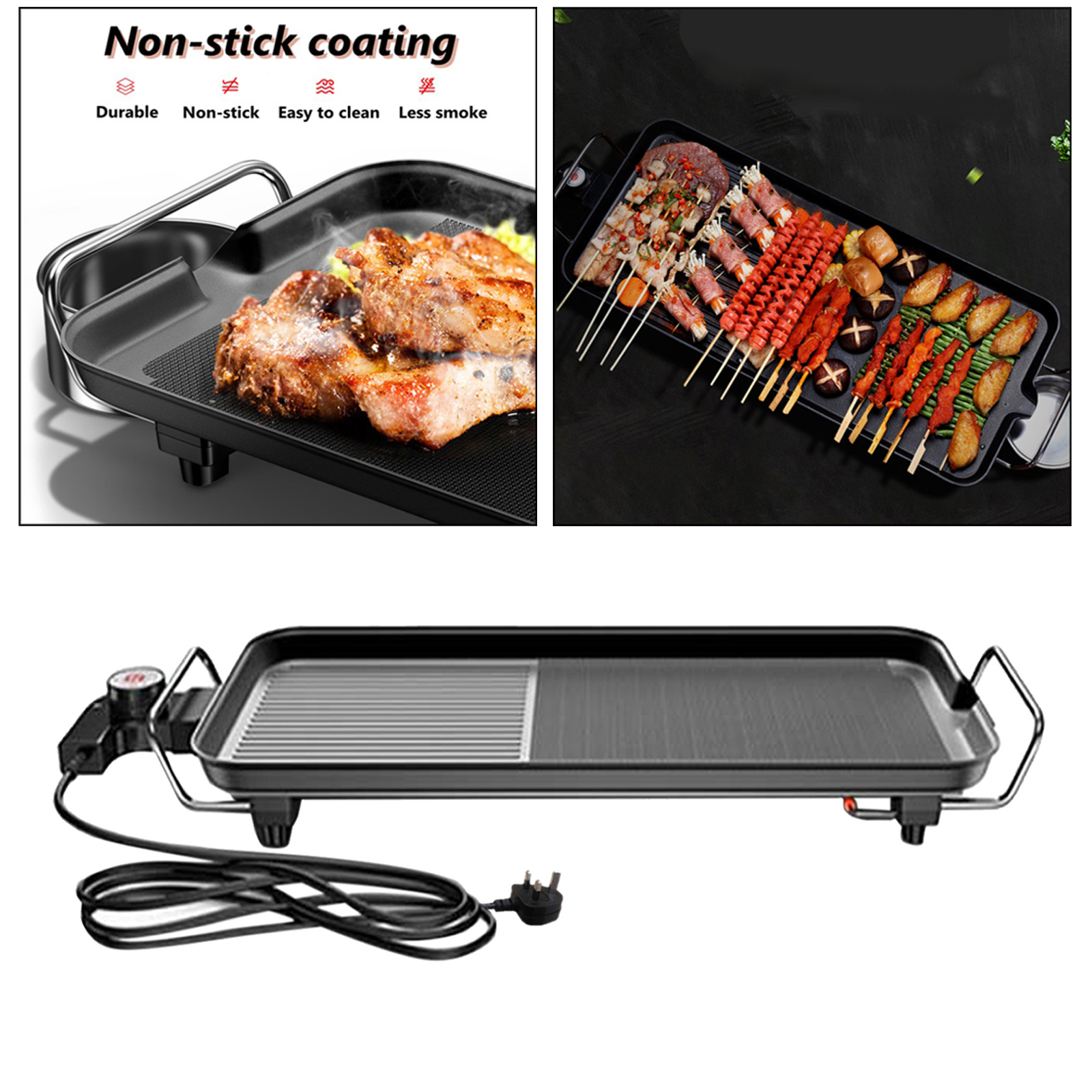 Smokeless Household Indoor Electric BBQ Grill 1350W Nonstick Adjustable Temperature Fast Heat Up Low-Fat Meals UK Plug