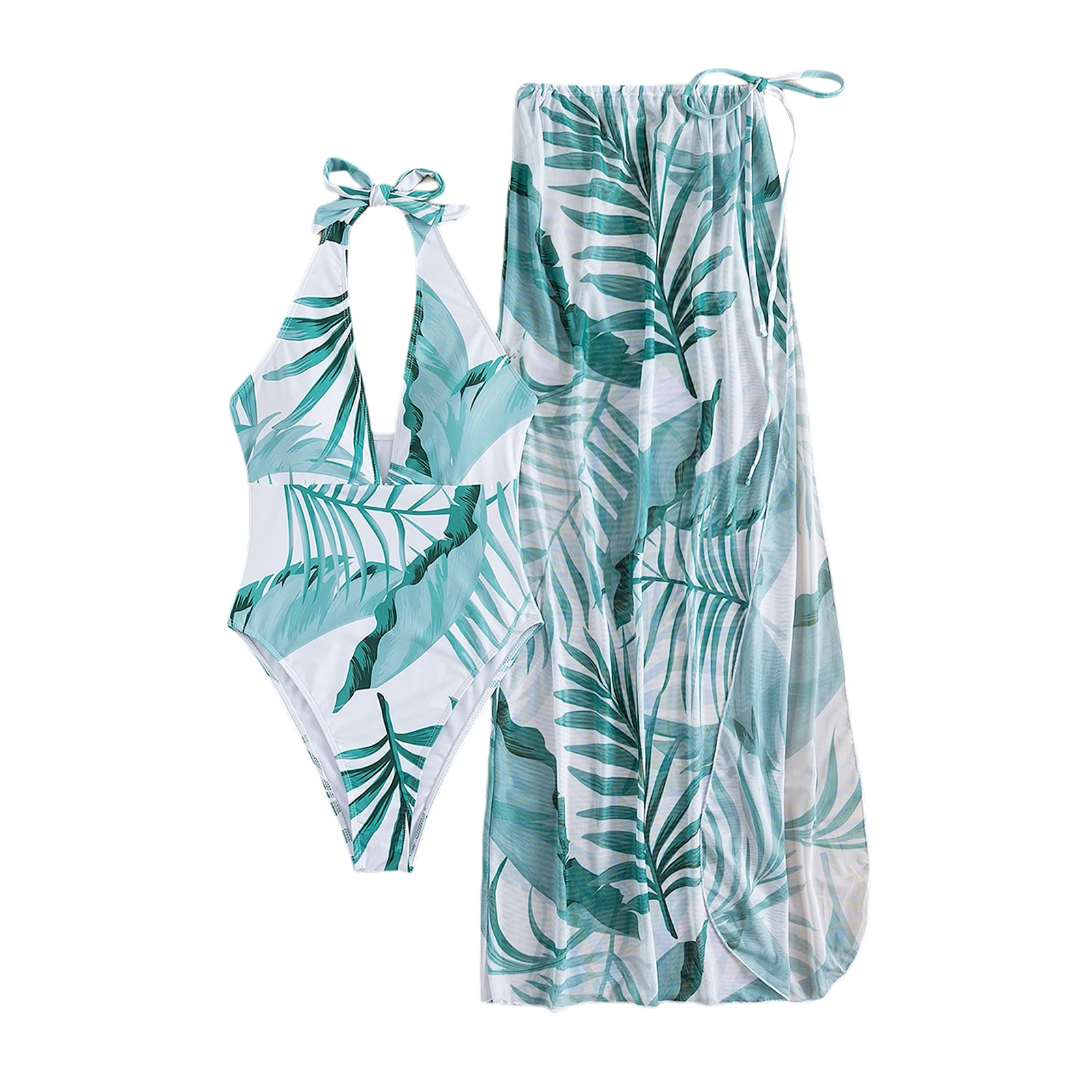 Women Swimwear Two Piece Set Sleeveless Halter Tie Up Backless V-neck Bodysuit Monokini Leaf Pattern Print Sarong Cover Up Skirt mesh bikini cover up