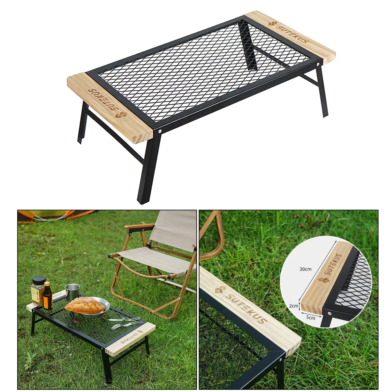 Iron Outdoor Folding Mini Net Table Camping BBQ Backyard Desk with Anti-Scald Wooden Handle