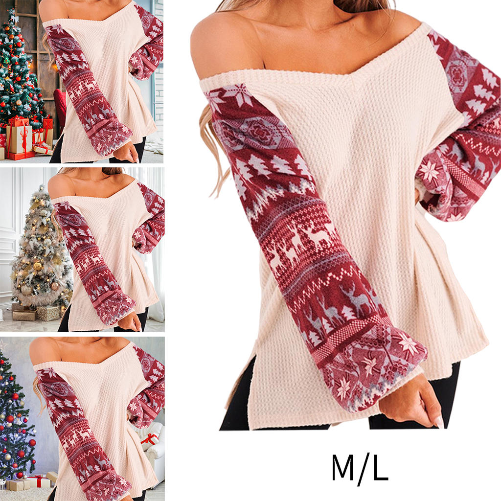 V -neck Christmas Women Sweater Pullover Sweatshirt Santa Clothes for Holiday Ladies