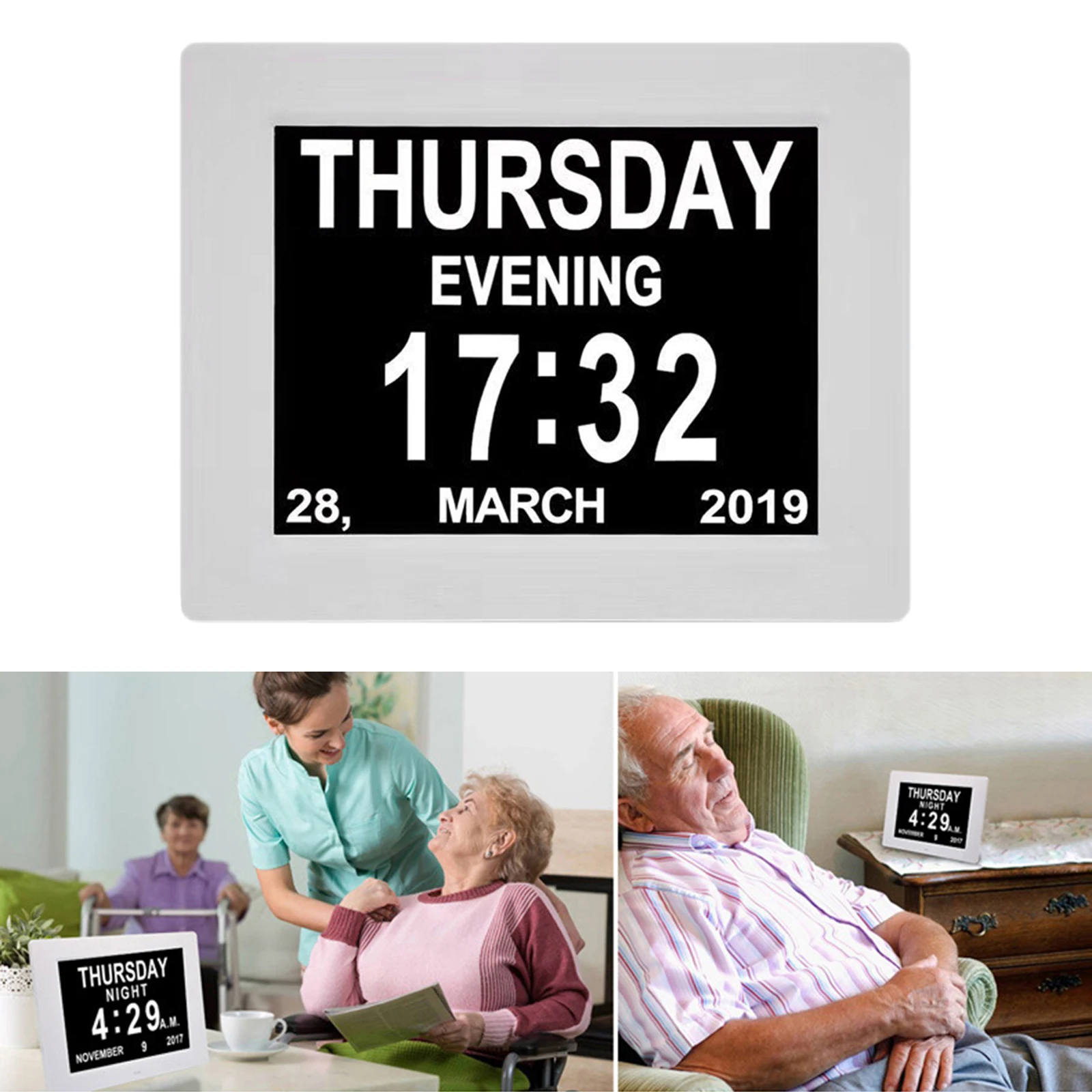 Digital Day Clock Auto Dimmable with Extra Large Display Non-Abbreviated Day & Month 3 Medication Reminders for Dementia EU
