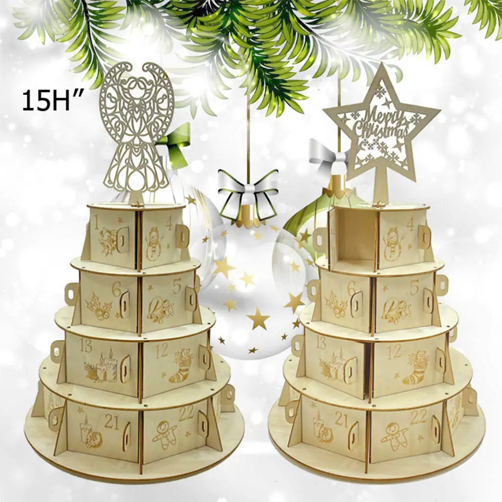 Christmas Wooden Advent Calendar Cake Shape 24 Drawers Calendar Refillable for Holiday Decoration Gift for Kids