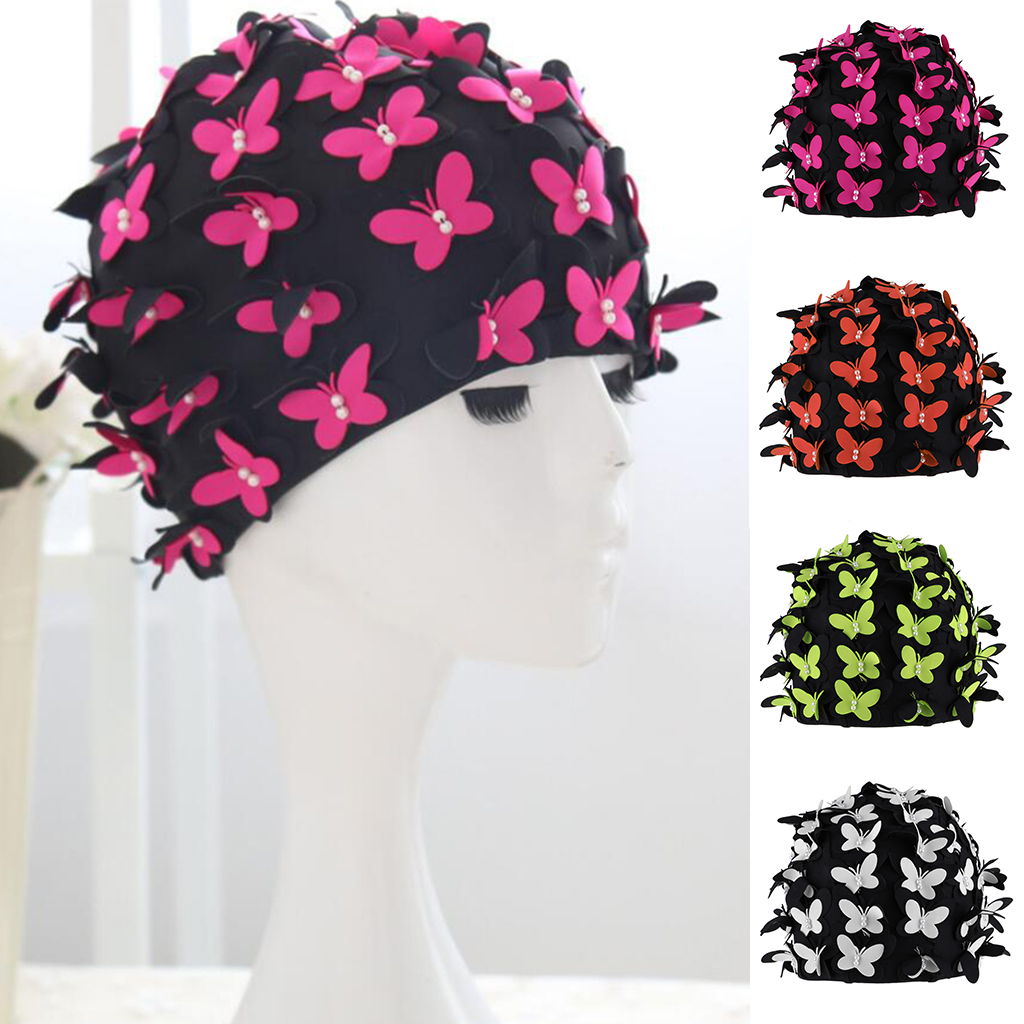 Swim  Women Stylish Retro Swimming  with Butterflies Pearls Decor for Long Hair Ladies Keep Hair Dry