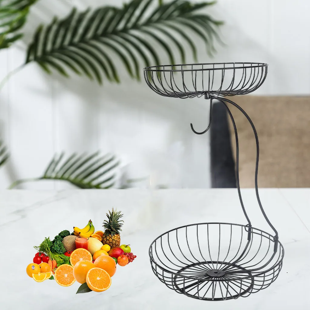 Iron Art 2-Tier Fruit Basket Stand Countertop Storage Rack, With Banana Hanger, Black, Space Saver