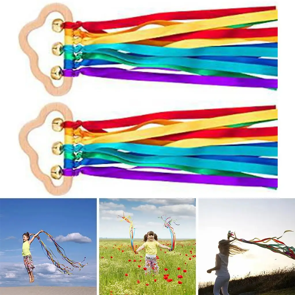 2 Pieces Rainbow Hand Ribbon Kite Montessori with Bells Early Learning Educational Toys Sensory Toys for Party Favors Toddler