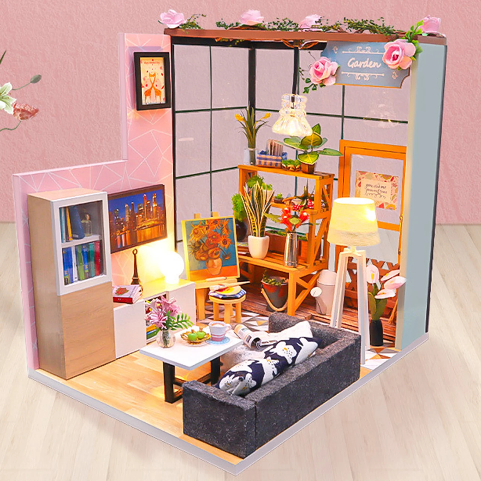 Wooden Doll House Building Kit Miniatures Art House Furniture Doll House with LED Light Dustproof Cover Holiday Gift for Kid