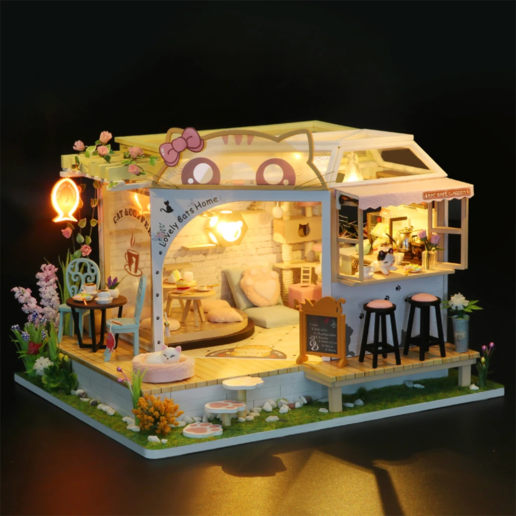 Dollhouse Cat Coffee Shop Kit LED Light Wooden 3D Puzzles Self Assembly