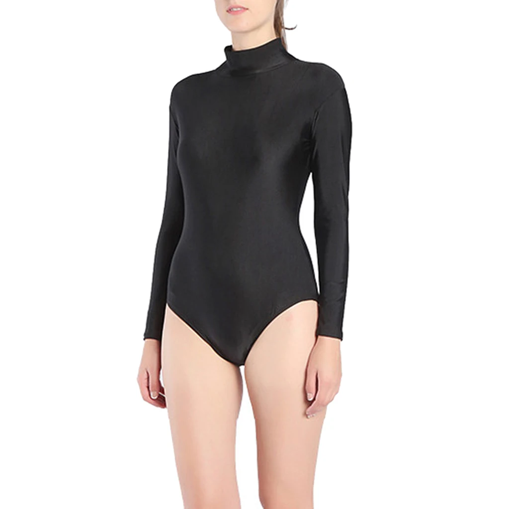 Women`s Long Sleeve Turtleneck Bodysuit Leotards One Piece Underwear - Black, 3XL