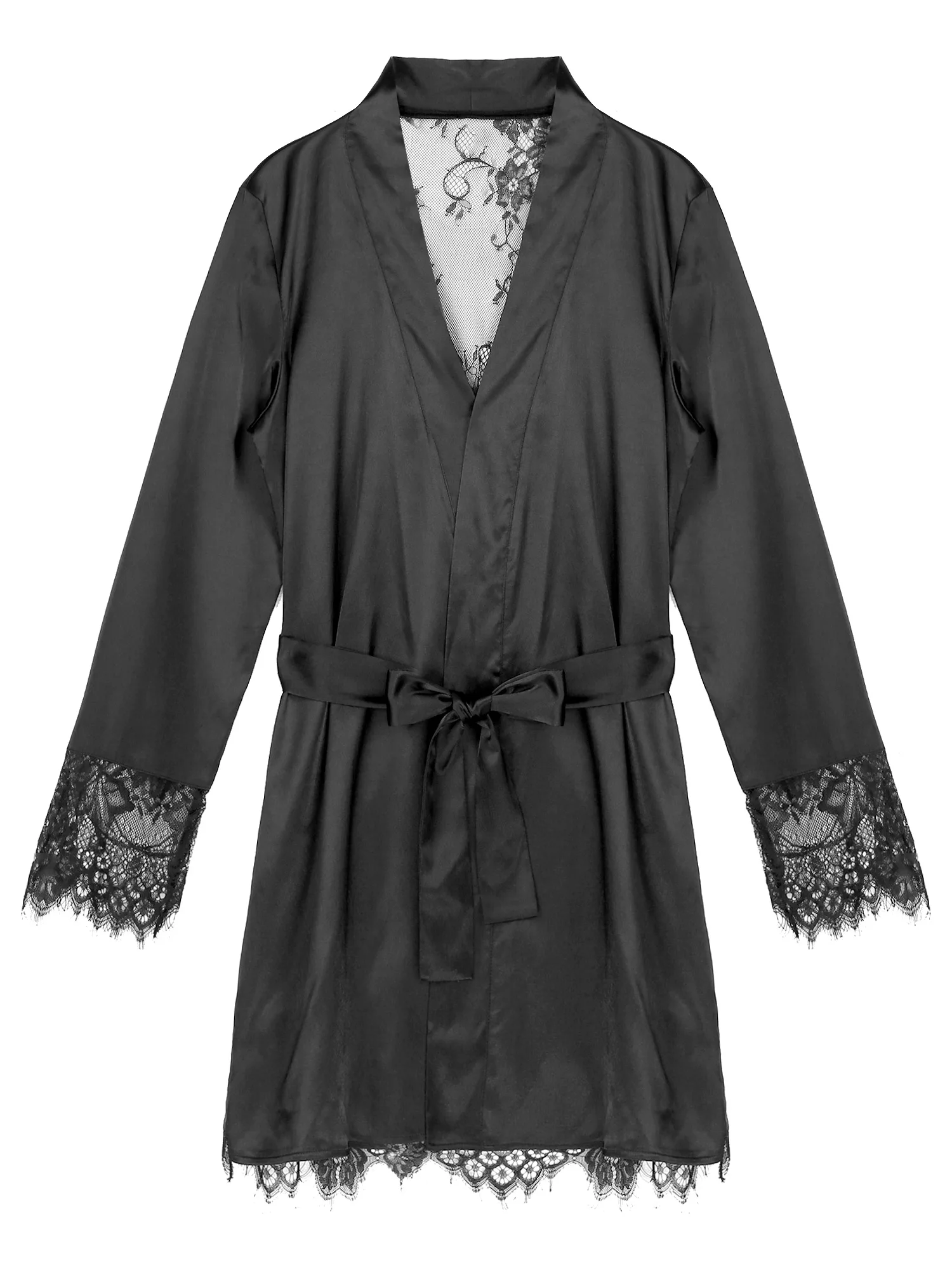 Mens Lingerie See-through Floral Lace Satin Night-robe Nightwear Patchwork Long Sleeve Robes Kimono Belted Bathrobe Sleepwear pajama pants men's