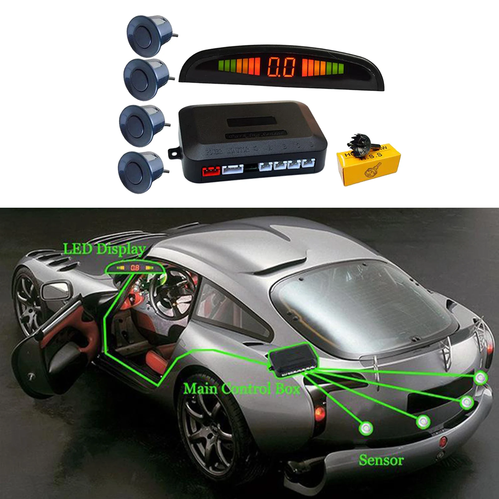 Car Auto Vehicle Reverse Backup  System with 4 Parking Sensors Distance Detection, LED Distance Display, Buzzer Warning