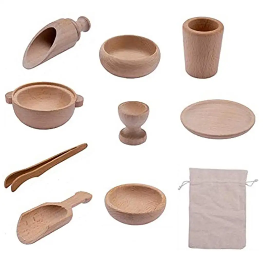 9 Pieces Realistic Kitchen Cookware Wood Pot Dish Utensils for Kids Pretend Game Learning Play House Kits Birthday Gift