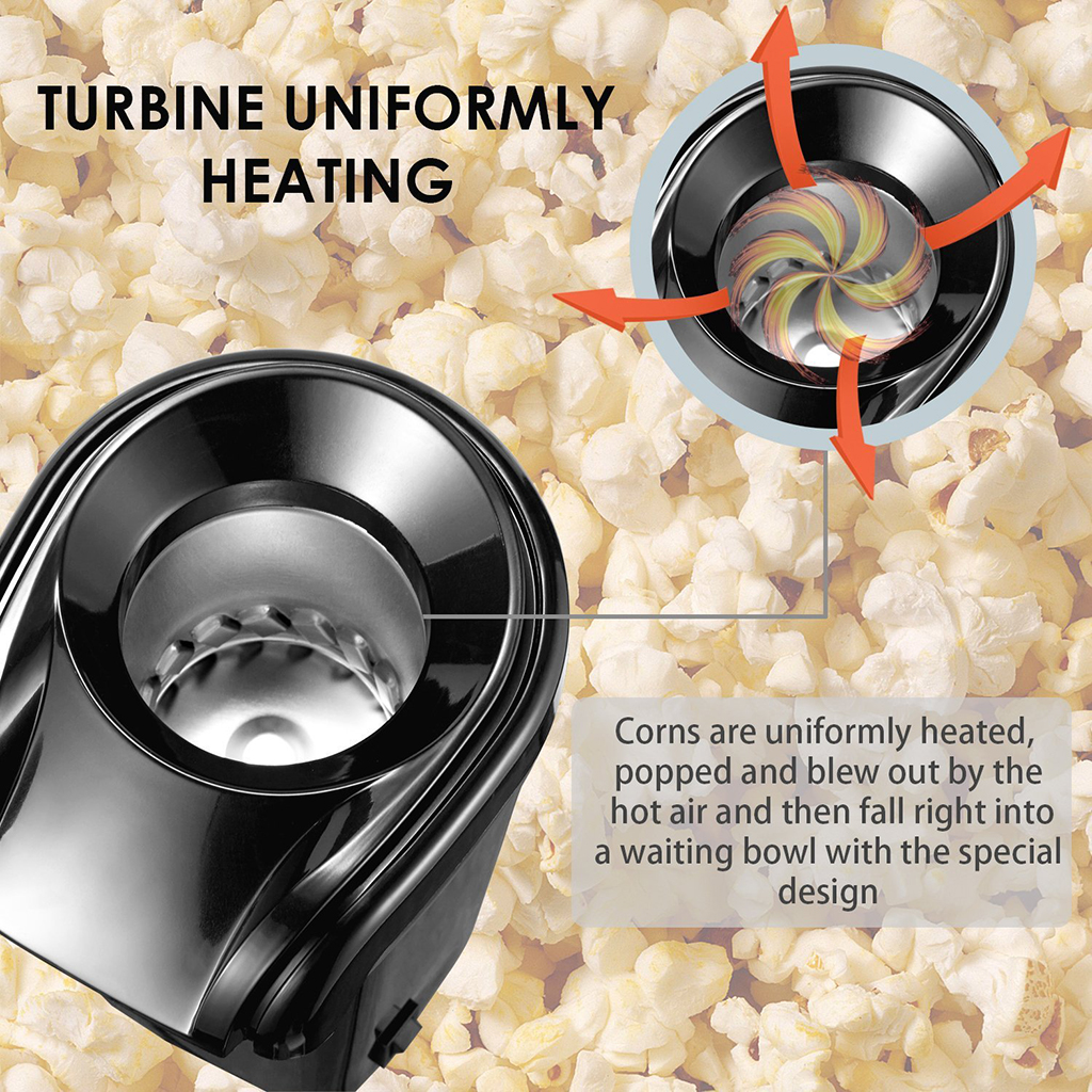 Small 1200W Hot Air Popcorn Popper Maker Machine with Measuring Cup, 3 Min Fast Popping -EU