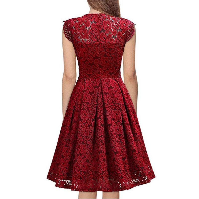 feminino vintage floral rendas manga curta vestidos de dama de honra pescoço cocktail festa noite casamento midi vermelho