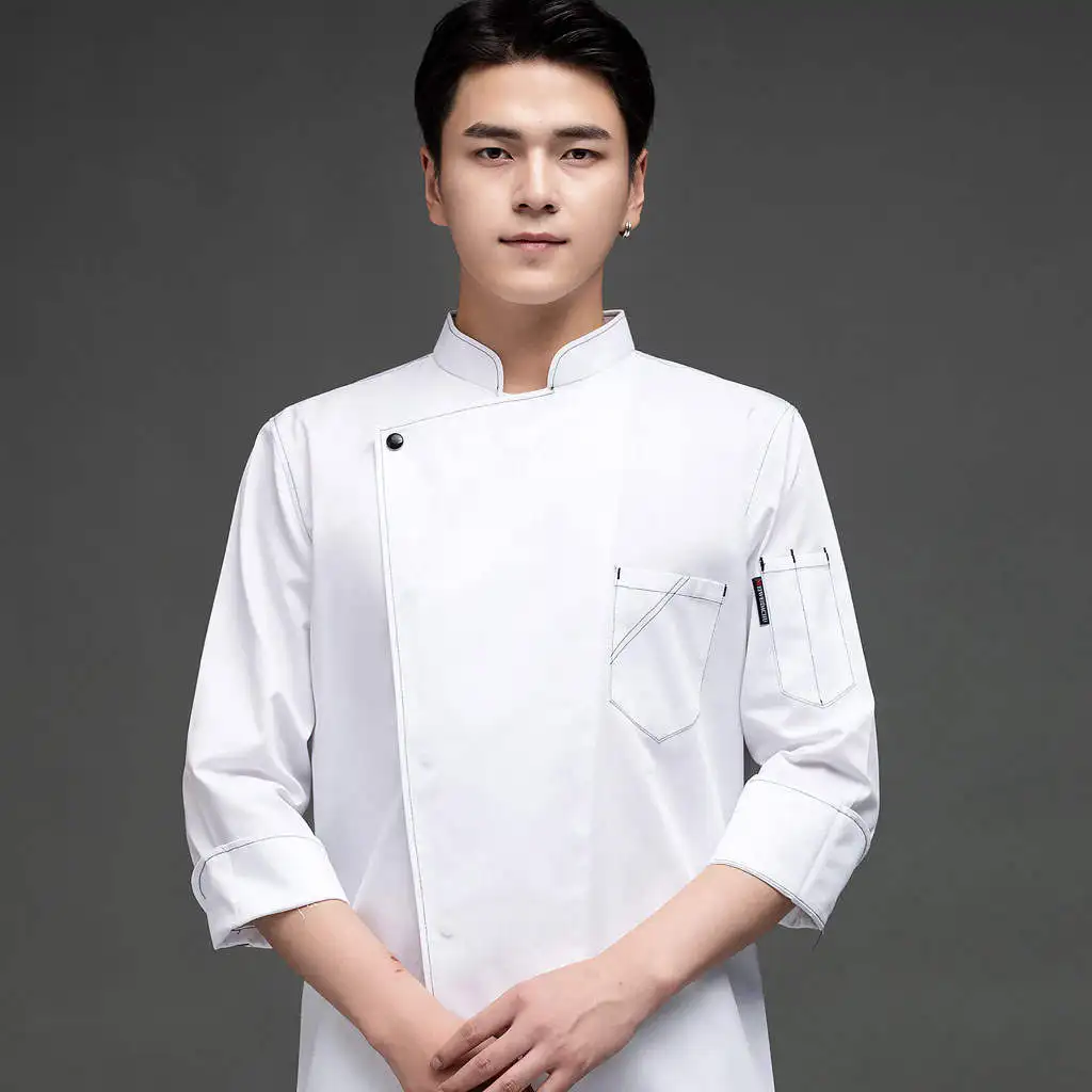 Long sleeve chef jacket coat uniform with concealed snap front placket whtie 