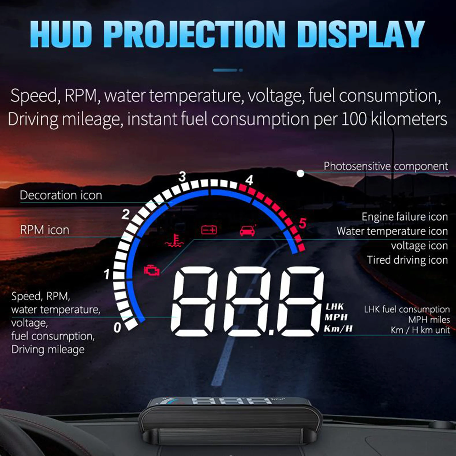 Upgrade Car Universal Head Up Display OBD2 II EUOBD HUD,Speed,Overspeed Warning,Mileage Measurement,for All Vehicles