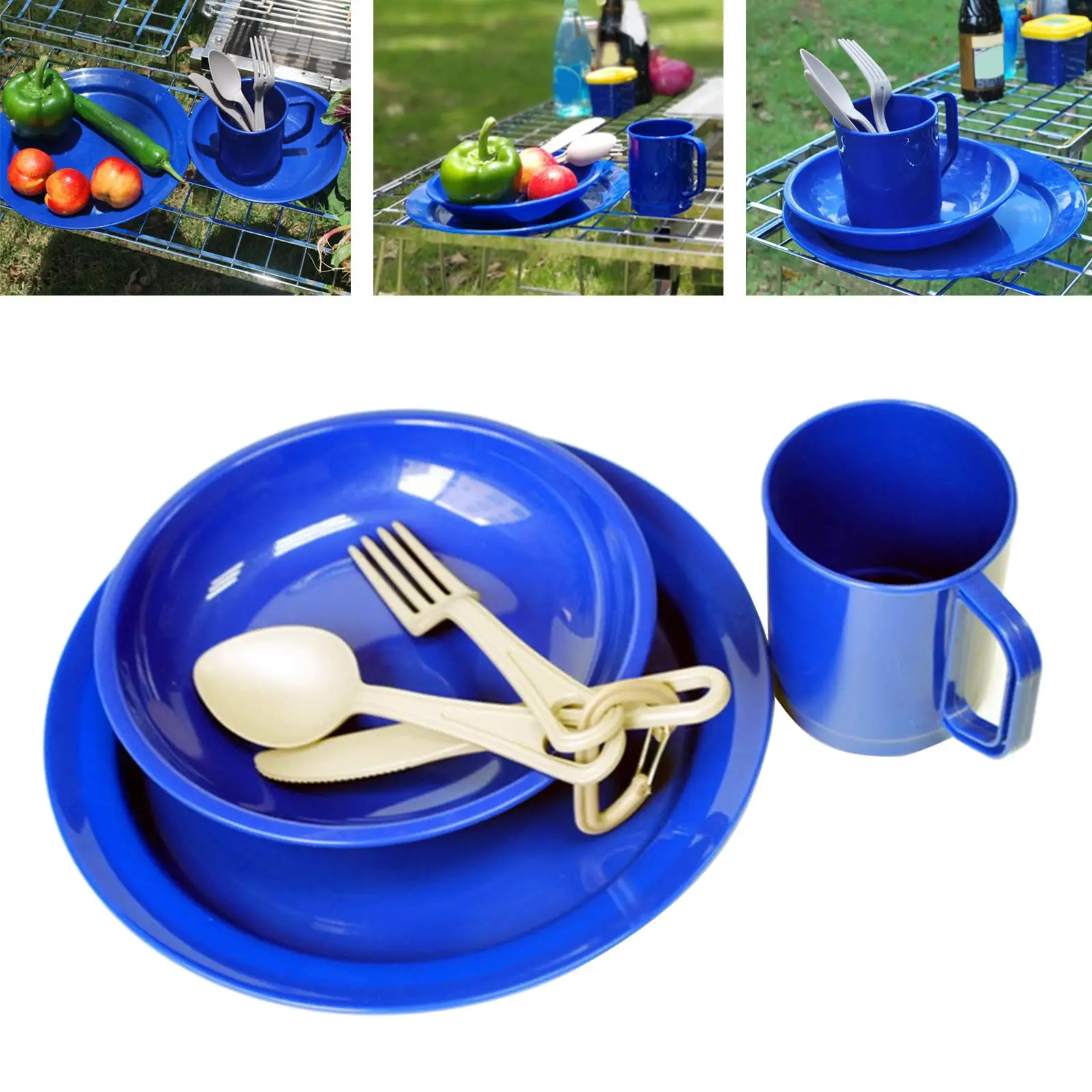 6x Outdoor Camping Tableware Set with Mesh Carry Bag Plate Bowl Cup Mug 1-Person for Backpacking Picnic Hiking Cooking Supplies