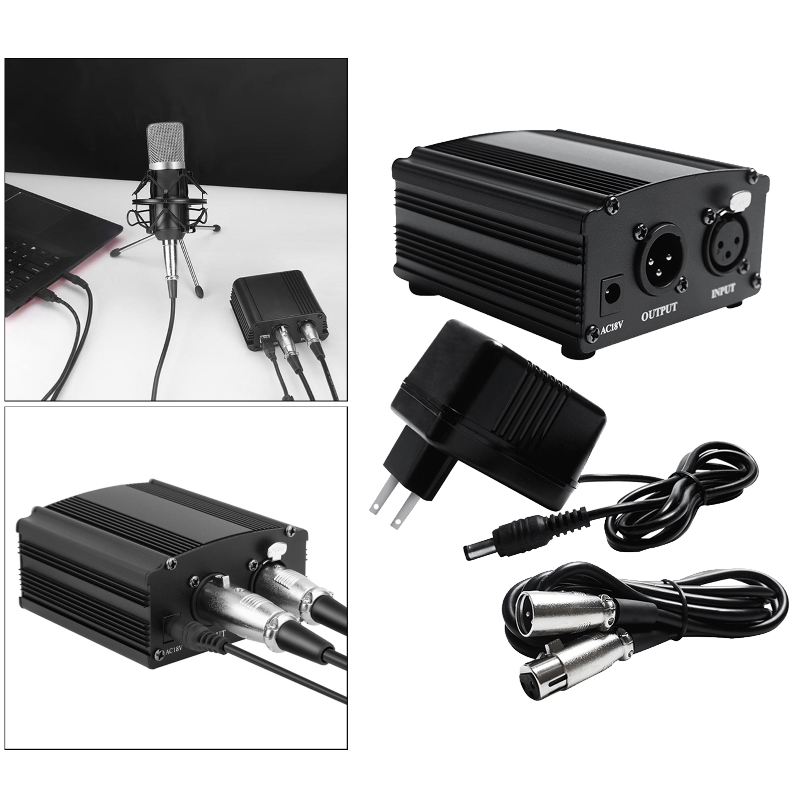 48V Phantom Power Supply with Charging Cable and XLR Cable for Microphone
